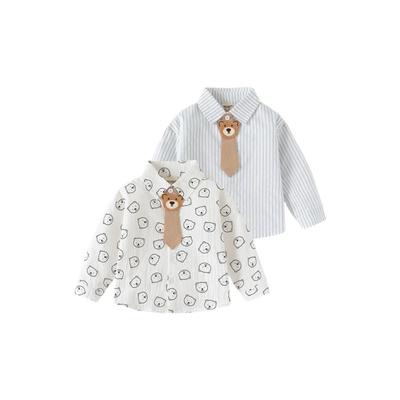 Child Bear Shirt Spring and Autumn Children's Clothing Boys' Long-Sleeved Shirt Tie Tops Baby Boy Stripes Lapel Clothes