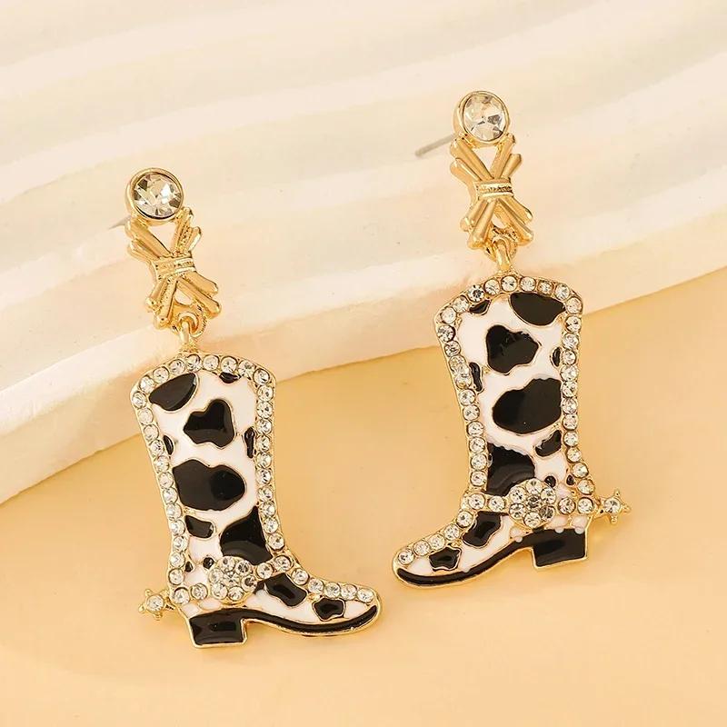 Western Cowboy Red Star Cow Pattern Boots Enamel Stud Earrings for Women Party Fashion Jewelry Minimalist Accessories Wholesale