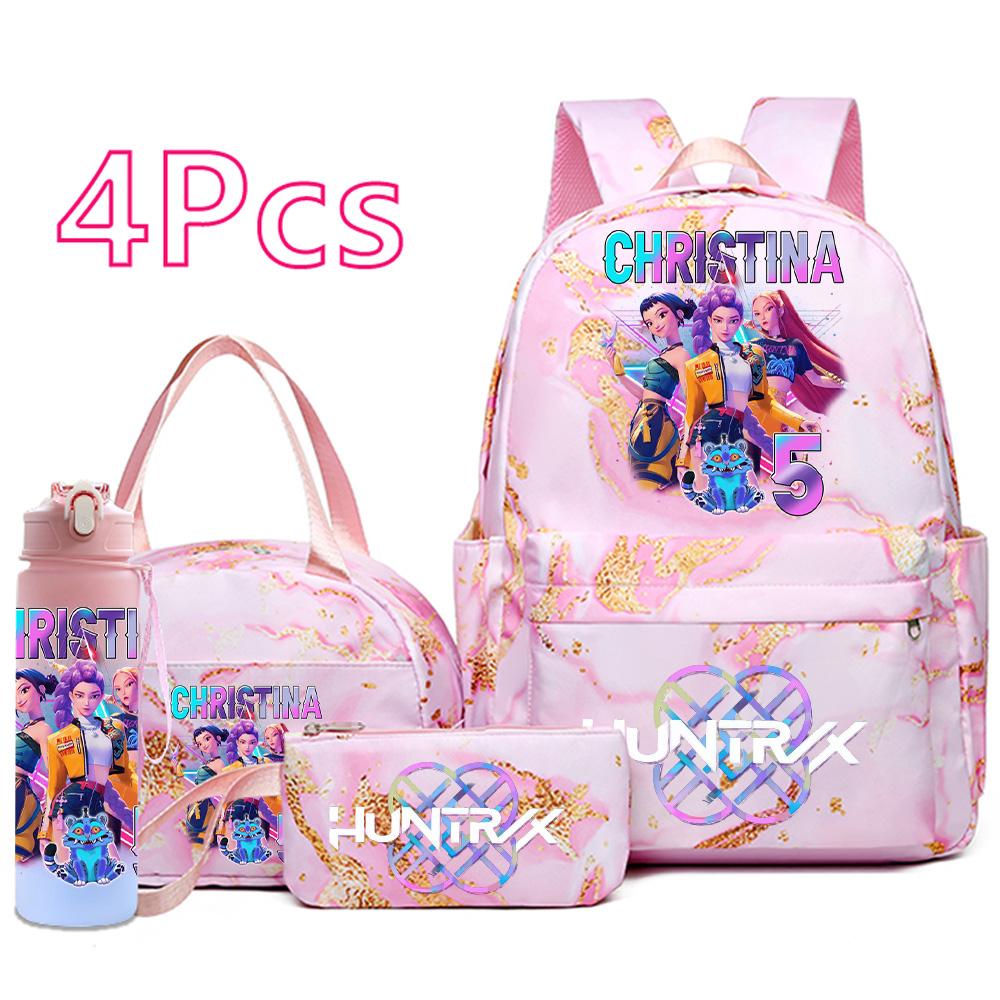 4Pcs/set Anime K-Pop Demon Hunters Printed Backpack Handbag Pencil Case 750Ml Water Bottler for Teenager Boy Girl Large Capacity Waterproof Schoolbag