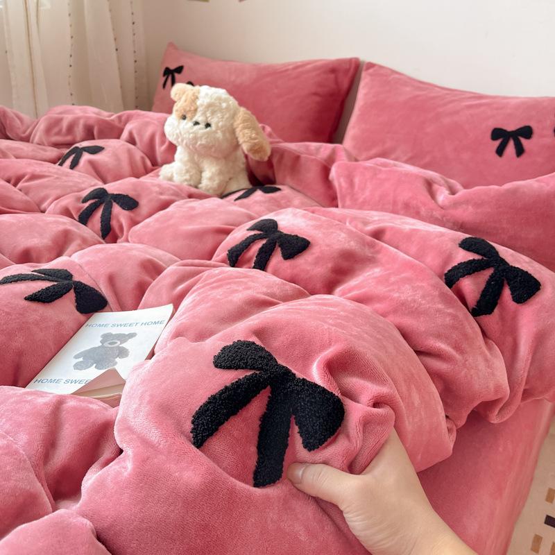 Bow High Gram Weight Thickened Milk Fleece Towel Embroidery Four-Piece Set Bed Sheet Quilt Cover Bedding Three-Piece Set
