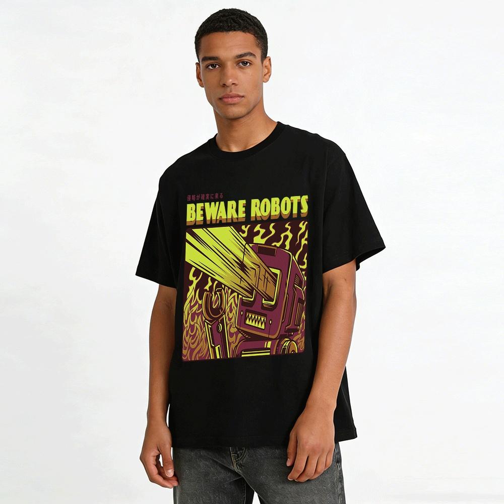 Vintage Mecha Style Robot Invasion Themed Print Casual T-shirt Pure cotton T-shirt