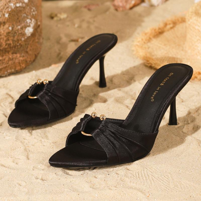 Fashion Summer Sexy Open Toe Brand Slippers Women Fashion Metal Decoration Pleated Design High Heels Sandals Elegant Wedding Bridal Shoe