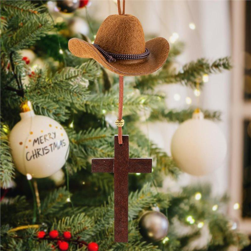 ABUL-Cappello da Cowboy Croce Fascino per Auto, Croce di Legno Appesa allo Specchietto Retrovisore dell'Auto, Cappello di Feltro Ciondolo Country Appendioggetti per Auto, Decorazione A