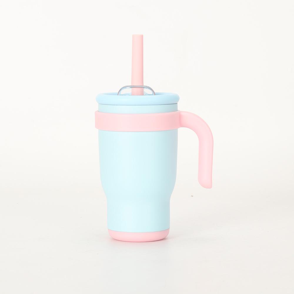 14oz Color Block Straw Cup for Kids - Stainless Steel Thermos with Handle