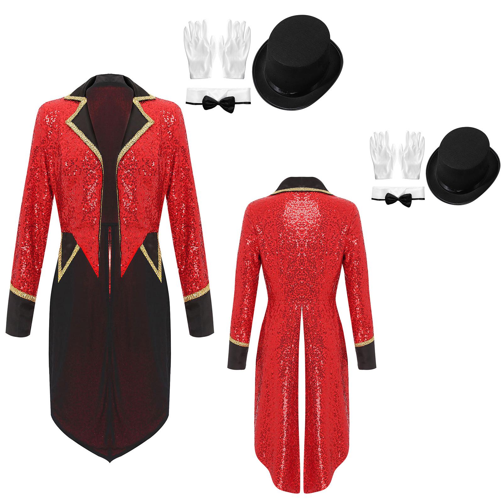 

Magician & Ringmaster Halloween Costume for Women S-3XL: Sequin Notch Lapel Coat with Matching Hat & Gloves, Full Set S червоний