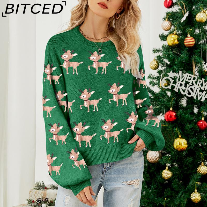BITCED Women's Red Christmas Sweater with Deer Jacquard Pattern Relaxed Fit, Cute Long-Sleeved Pullover Knit