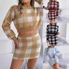 Women Color Block Plaid Long Sleeve Cropped Sweater Hip Wrap Mini Skirt Set