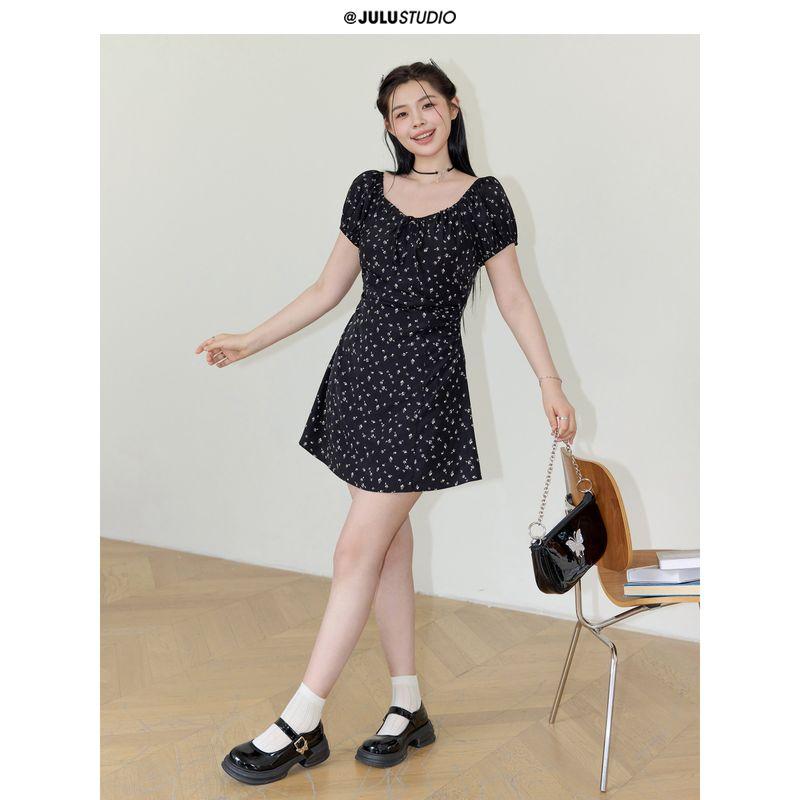 

Julu Studio Wind Hidden Skirt Slightly Oversized Girls Korean Holiday Floral Skirt Slim Looking Plus Size Dress Summer Black M