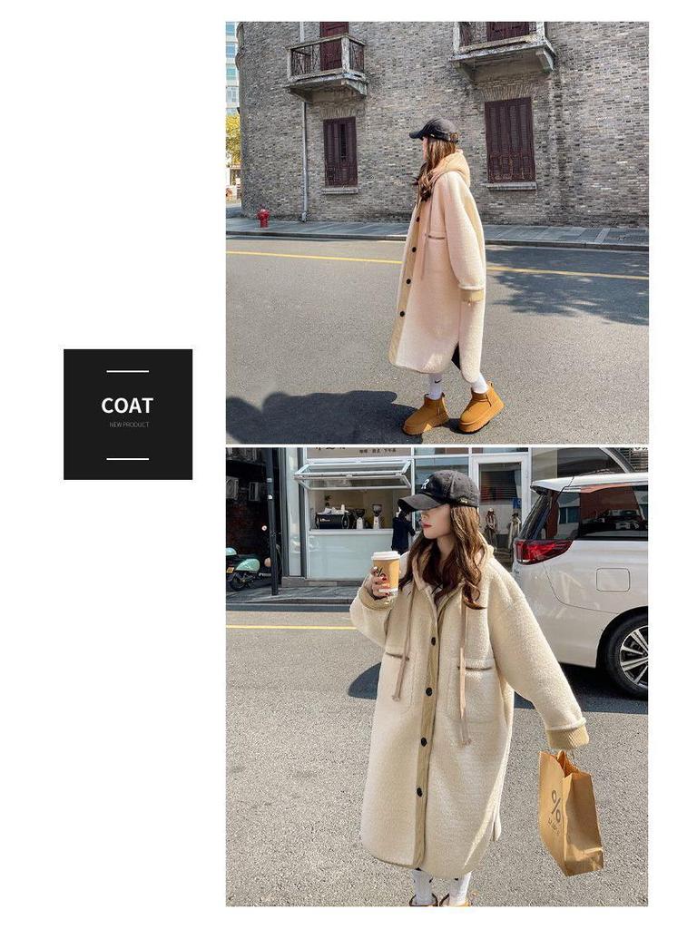 Beige Hooded Lambswool Mid-Length Coat - Thickened Korean Style, Loose Fit, Autumn/Winter Plush Jacket