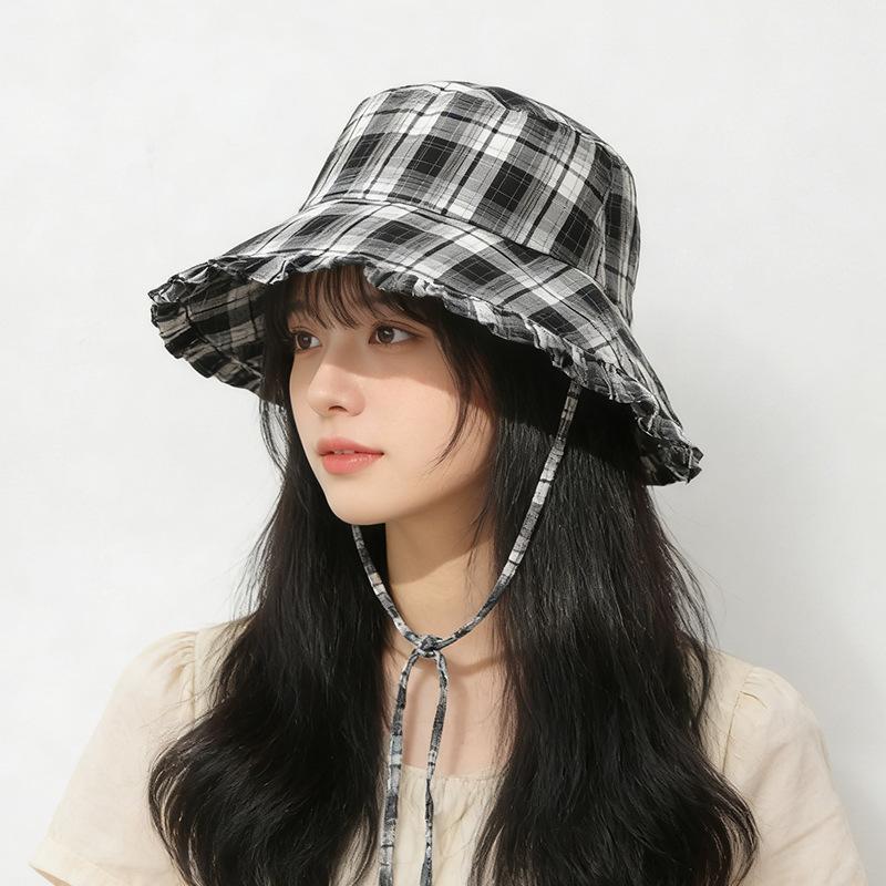 

Big eaves seaside fashion plaid sun hat travel pastoral lace sun hat M（56-58cm）