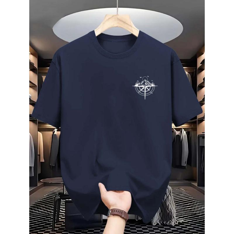 Summer Men's 100% Cotton Mountain Compass Graphic Printed Casual Loose Sports Comfortable Round Neck Short Sleeve T-shirt Top