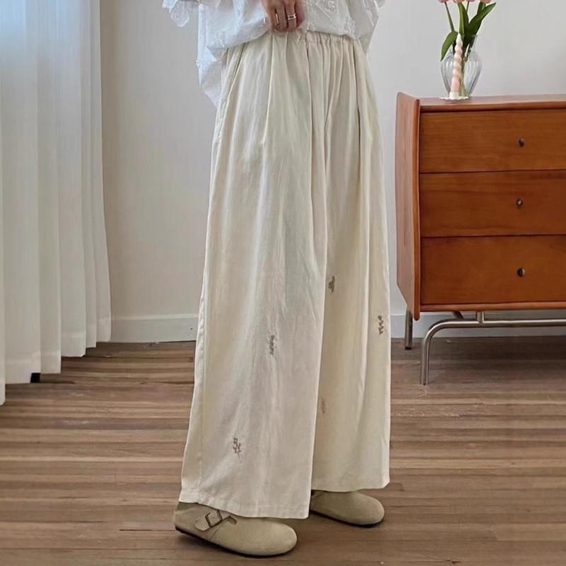 Johnature Japanese Forest Embroidered Wide Leg Pants Women Summer Loose Versatile Straight Cropped Pants