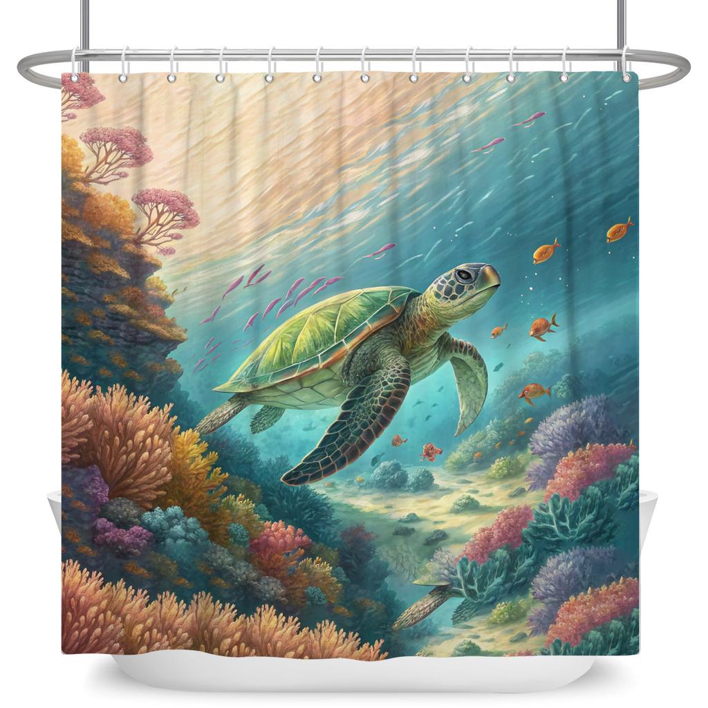 Underwater World Theme Bathroom Shower Curtain Sharks Turtles Jellyfish Decor Waterproof Bathroom Polyester Curtain With Hooks