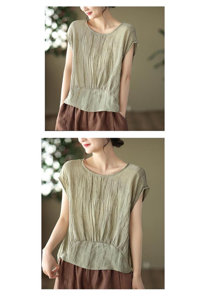 Women's Stylish Summer 2026 Solid Color Tencel Shirt - Loose Fit, Round Neck, Short Sleeves