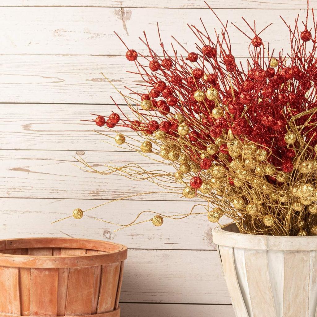 20/1PC Christmas Glitter Berry Stem Red Gold Artificial Berries Branches Fake Flower DIY Wreath Xmas Tree Crafts Party Decor