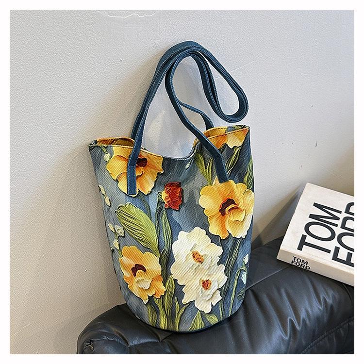 

Весняно-літня полотняна сумка: Нішева акварельна сумка-відро для щоденних поїздок на роботу синій