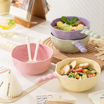 Ceramic Instant Noodles Bowls Household 6 Inch Nordic New High Aesthetic Underglazed Colour Splicing Tableware Handle Salad Bowl