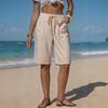 Damen Shorts aus Imitation Leinen mit Streifen, Lässige Sommer-Strandshorts mit Gürtel und Taschen