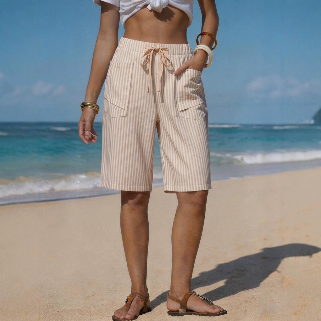 Damen Shorts aus Imitation Leinen mit Streifen, Lässige Sommer-Strandshorts mit Gürtel und Taschen