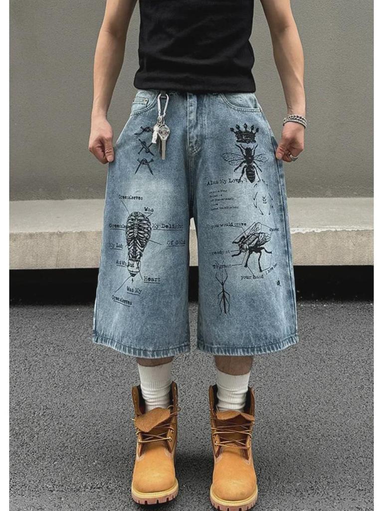 Men's Retro Street Style Washed Graffiti Denim Shorts - Loose, Straight, Casual Fit for Summer