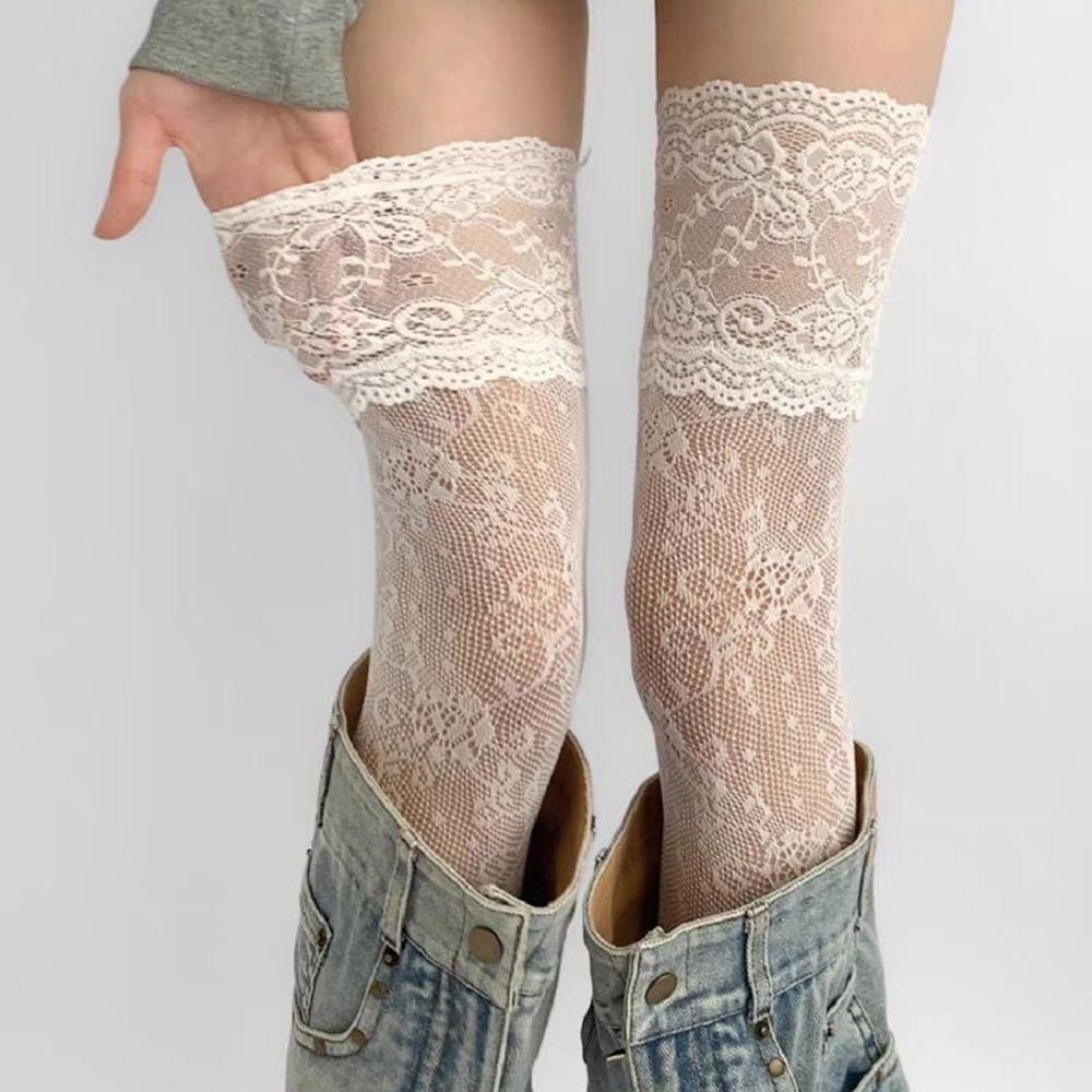 

Lace Trim Mesh Breathable Over Knee Stockings Y2K Women Sexy Lace Floral Fishnet Stockings Costumes JK Lolita Thigh High Socks One Size білий