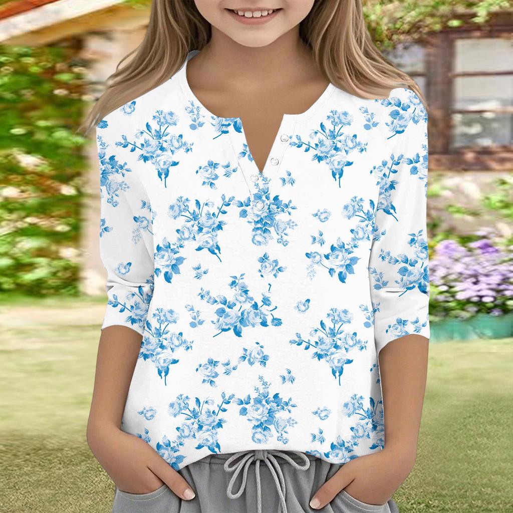 Print Tops For Youth Girls V Neck Button 3/4 Sleeves T-Shirts Trendy Tops Outfit Tees