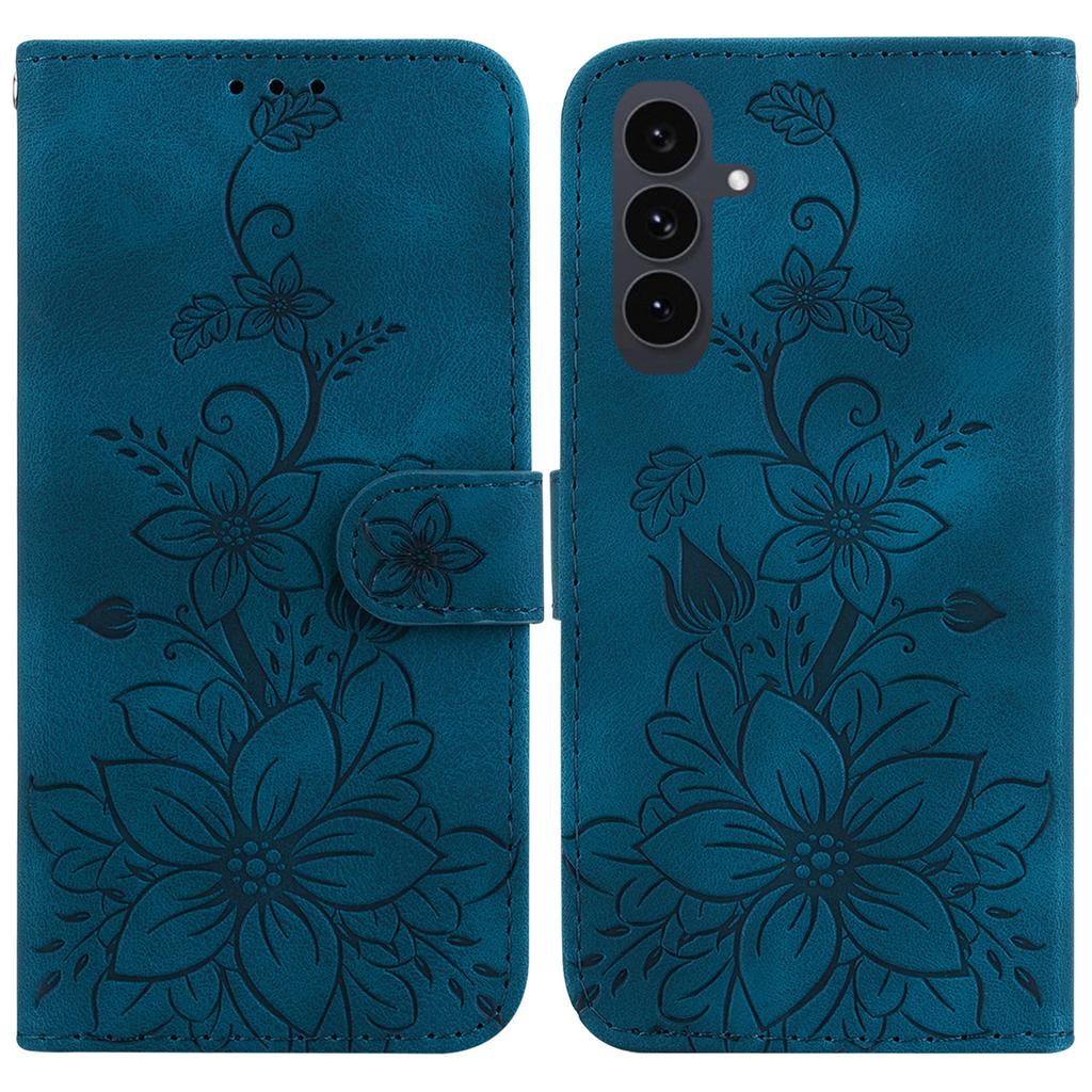 For Samsung Galaxy S25 FE Stand Case Lily Flower Imprint Leather Phone Cover with Wrist Strap