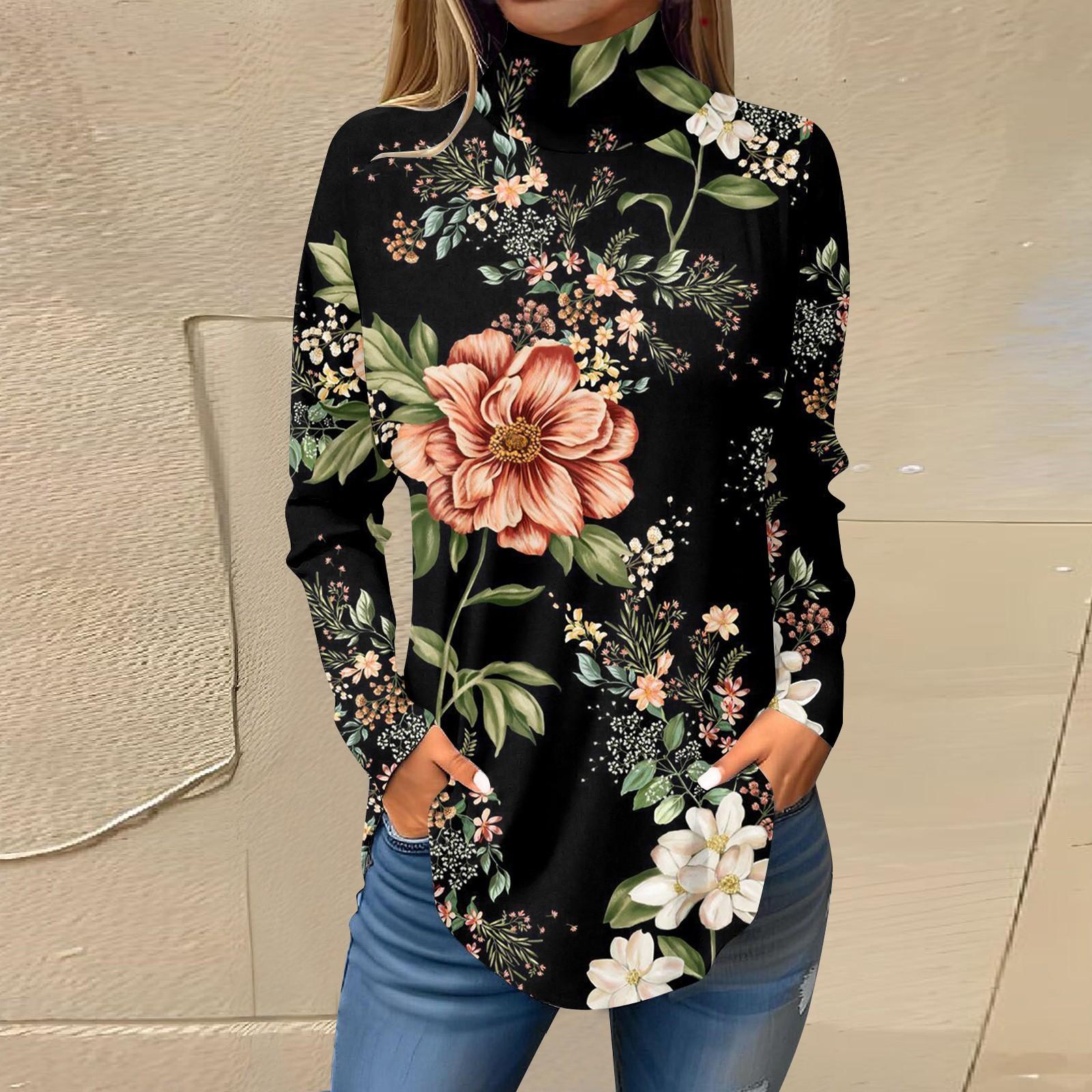 

Женская модная повседневная футболка с высоким воротом и цветочным принтом, длинный рукав, пуловер, топ S чёрный