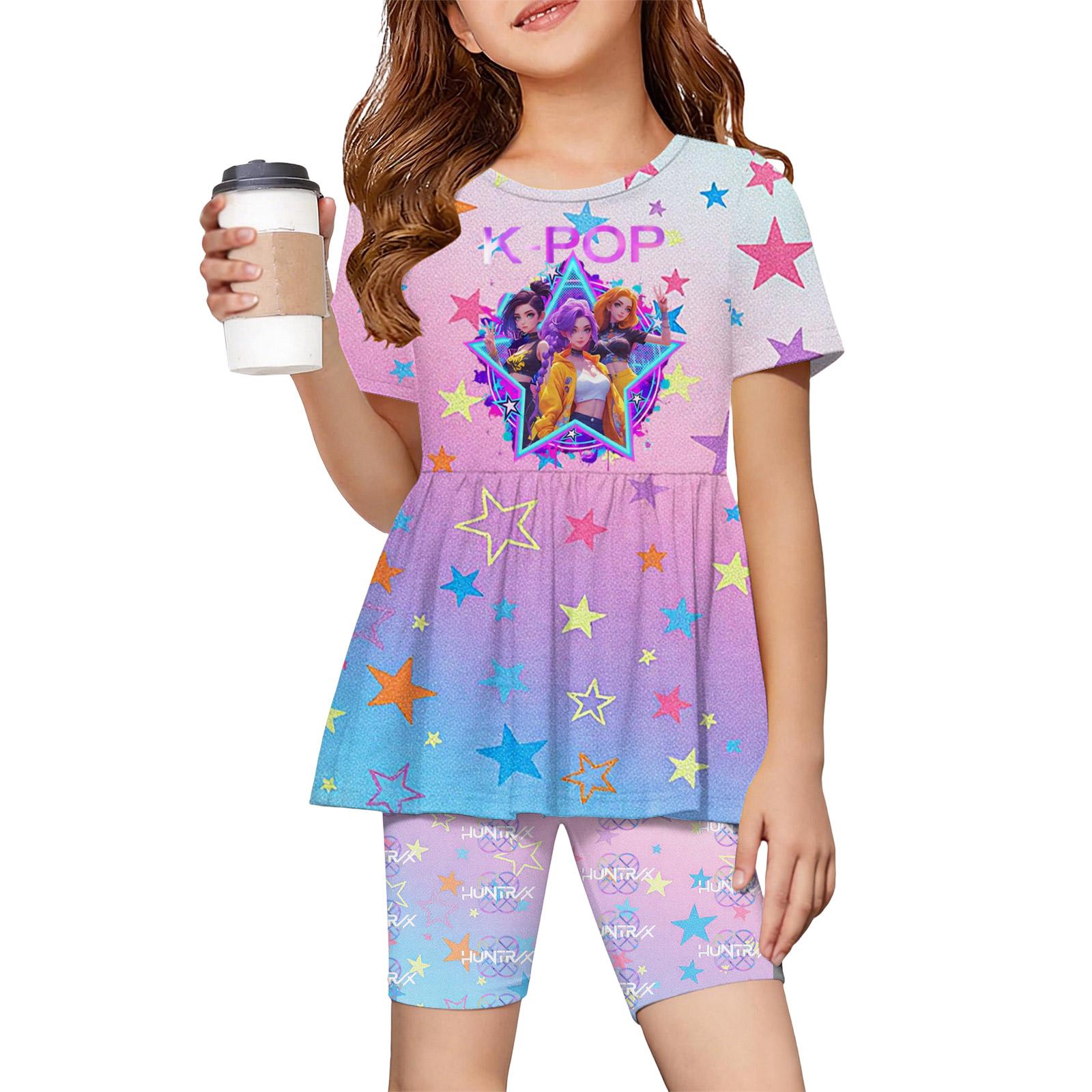 

Fashionable Girls Summer Set Short Sleeved Ruffled Hem Top+Shorts 100