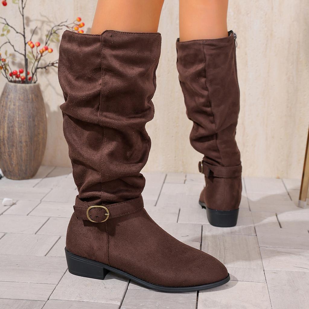 Mode Herbst- und Winter Damenmode Stiefel Stilvolle Rundspitze Designer Hohe Stiefel, Schlichte Nude Plissierte Übergröße Damenstiefel