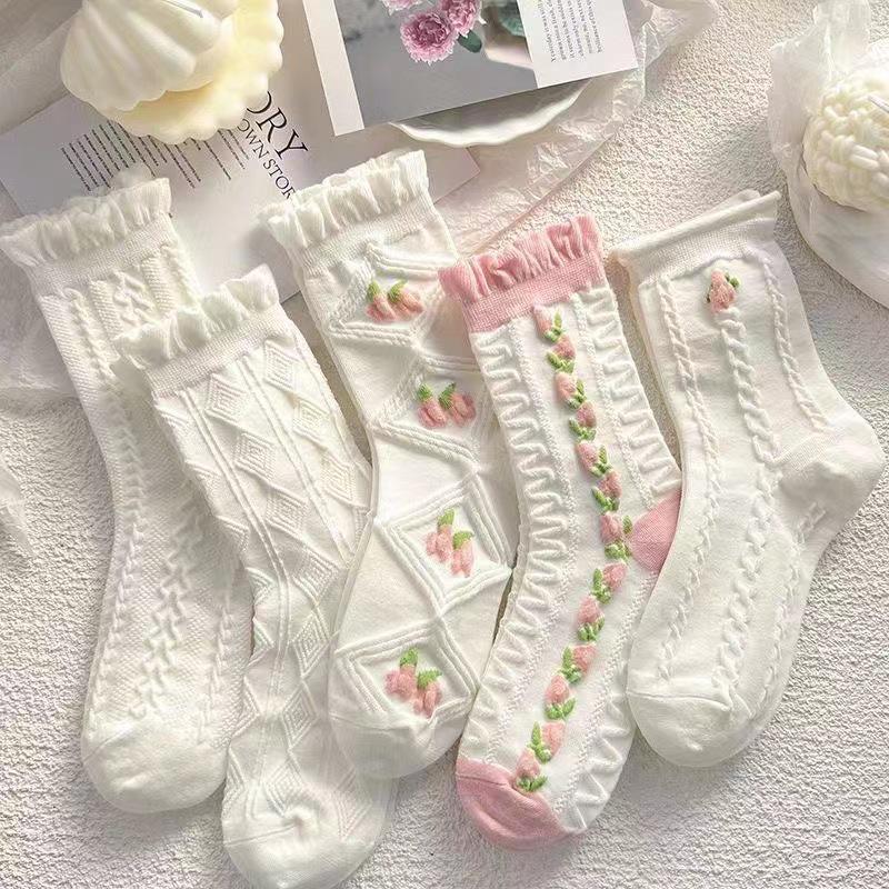 Șosete Dama Mid-Calf - Primăvară/Vară, Florale Japoneze la Modă, Stil Coreean