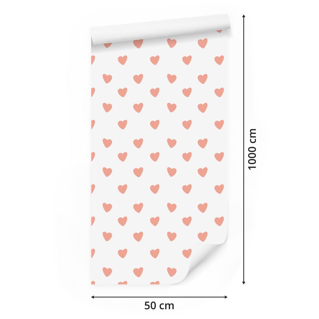 Hearts Wallpaper White, Coral and Peach 50x1000