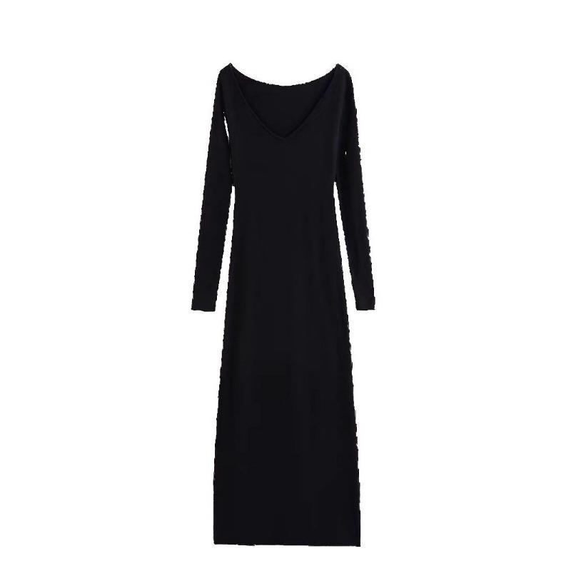 [] Early autumn new black big v-neck slim-fitting long-sleeved dress, high-end hip-wrapped knitted long skirt