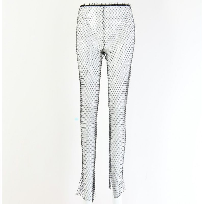 

Night Club Style Grid Shining Casual Pants Stage Hot Drilling Black Split One size