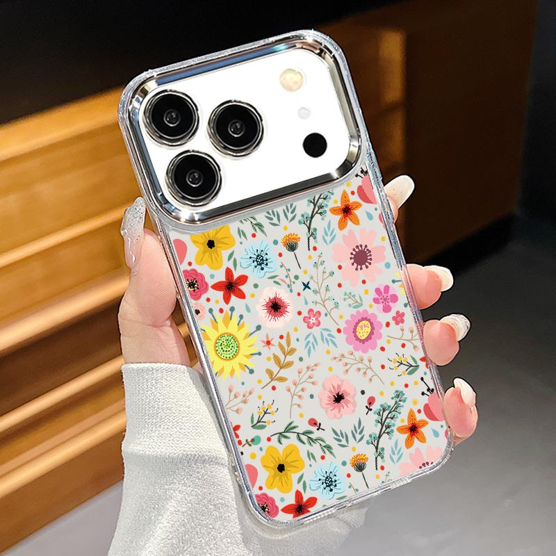 White Flower Pattern Case For iPhone 17 Pro Max iPhone 16 15 14 13 Pro Max 11 17e 16e Plating Lens Frame Clear Soft Silicone Back Cover