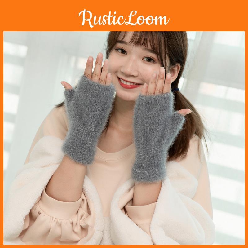 Stylish Womens Knit Faux Cashmere Winter Gloves Thick Warm Half Finger Comfort