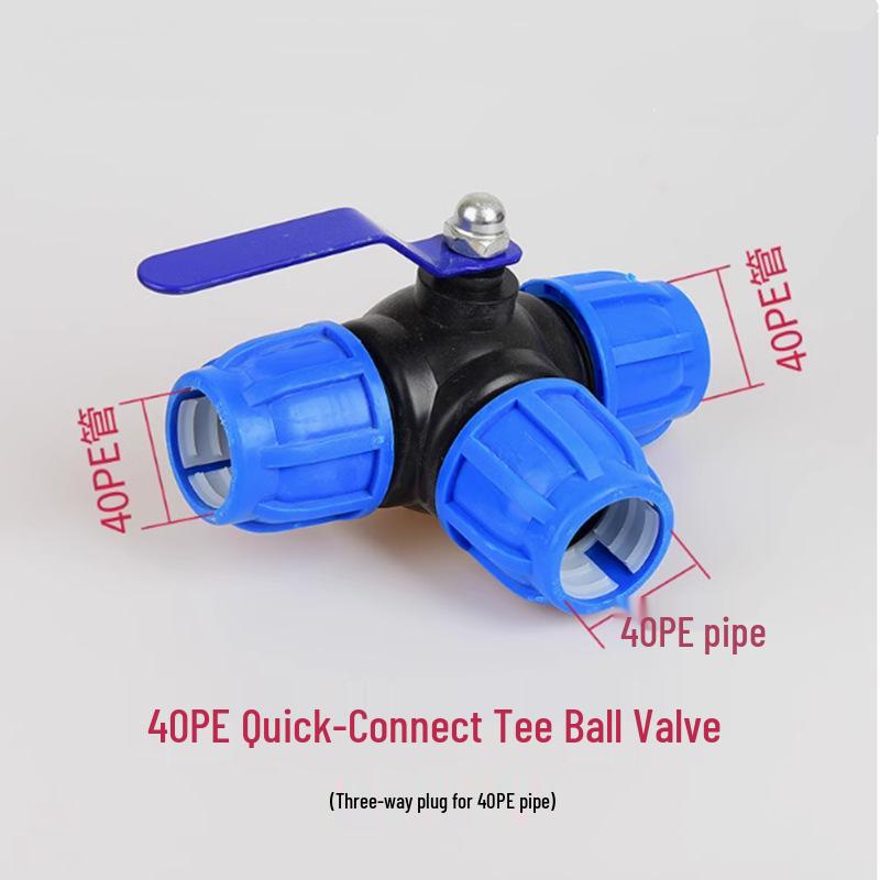 PE Kulventil Snabbkoppling Trefördelningsrörkoppling för Kranvatten, Kompatibel med 20, 25 och 32 Rör.