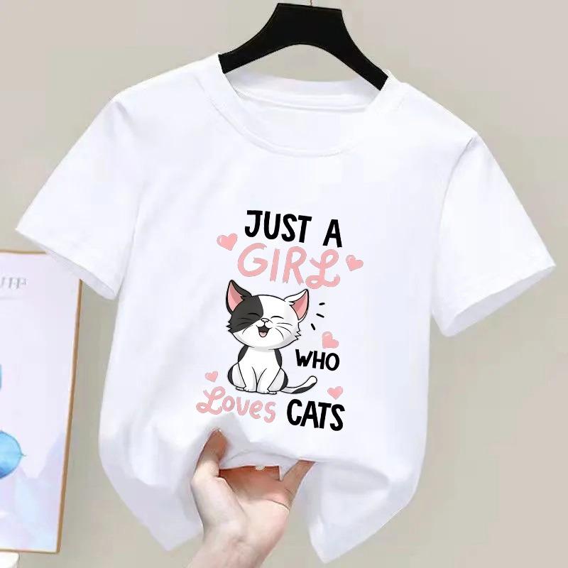 Cute Cat Graphic Kids Tshirts Summer Short Sleeve Tees Cartoon Animal Boys Girls Clothes Kawaii Kitten Tops Y2K Children T-shirt