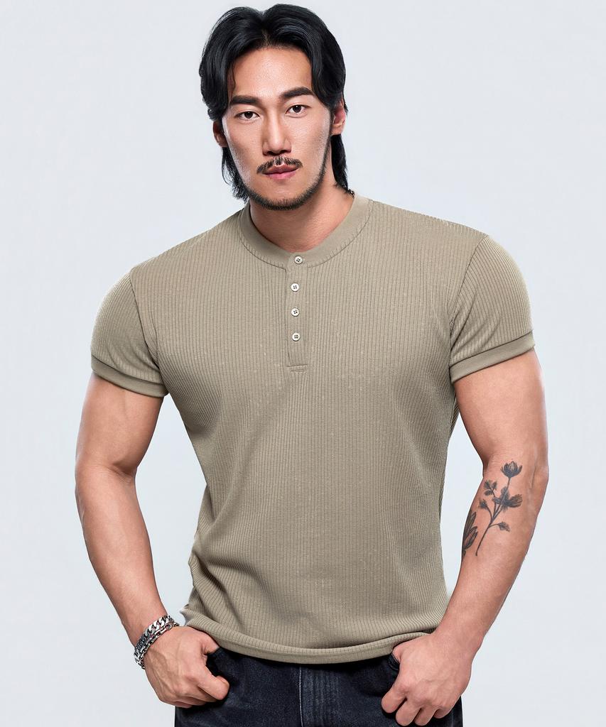 Pijikeolgameoncheu P2639 Henley Neck Muscle Fit Ribbed Short Sleeve [3 Colors]