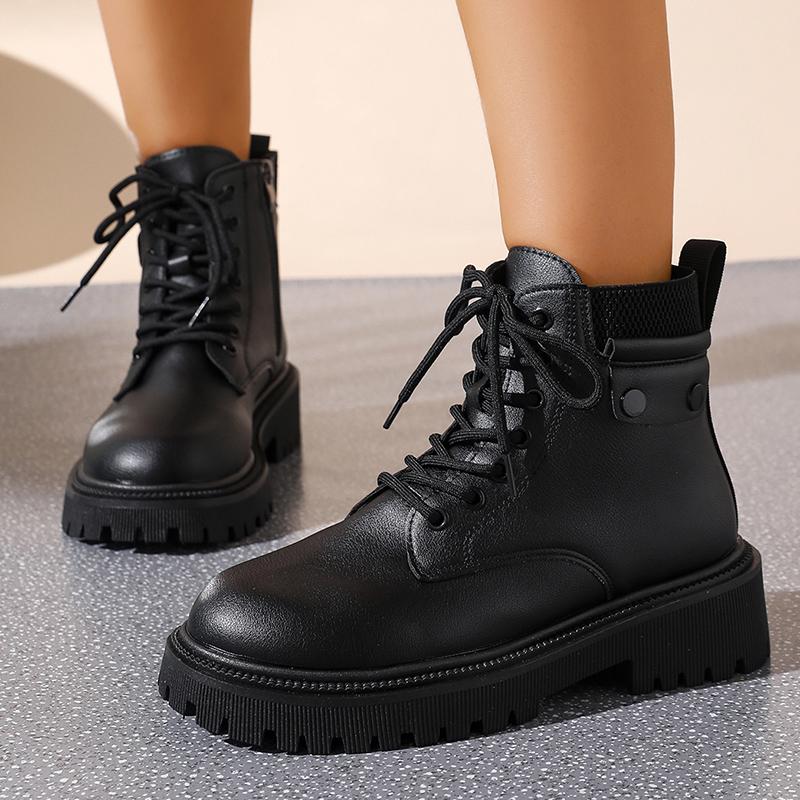 Fashion Winter Warm Thicken Plush Ankle Boots Women Fashion Lace Up Platform Combat Boots Woman Comfort Zipper Pu Leather Short Booties