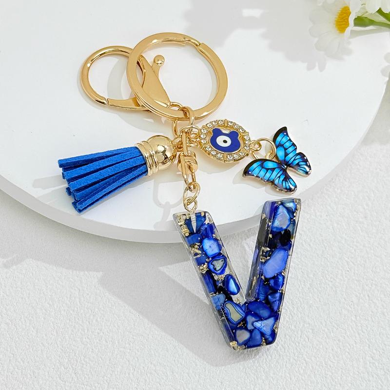 Fashion Blue Glazed Stone A To Z Letter Keychain 26 Initials Alphabet Butterfly Tassel Pendant Car Keyring Women Jewelry Gifts
