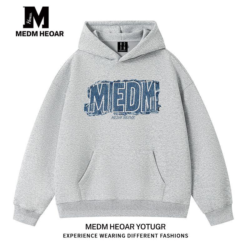 

[Three Labels Complete] Medm Heoar New American Print Hoodie High Street COUPLE S Fashion Brand Hoodie Light Gray [Regular Style] X L