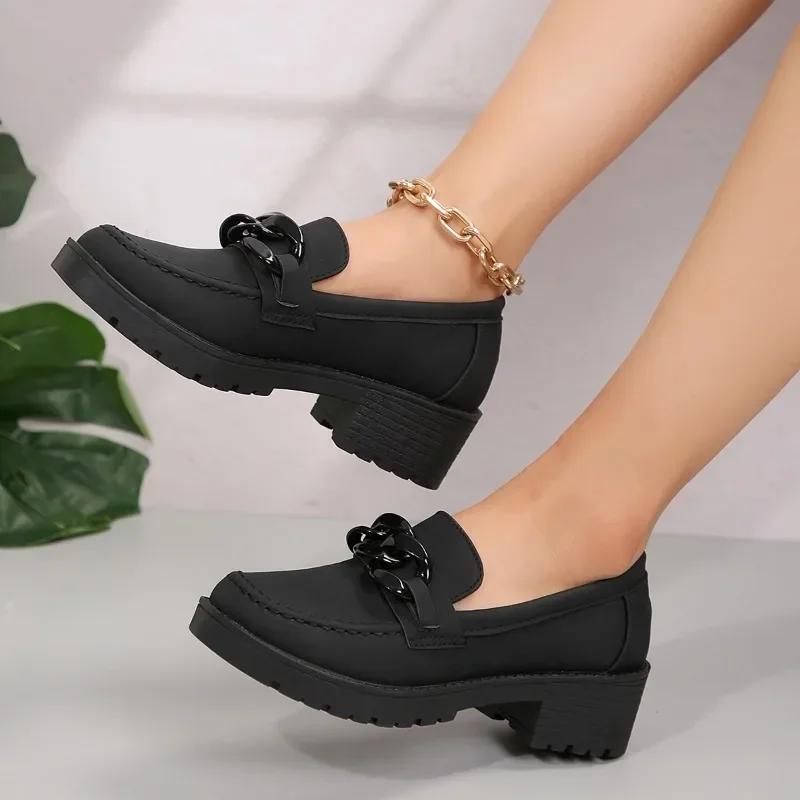New Women Spring Autumn Loafers Round Toe Chunky Heel Shoes Sheep Suede Shoes for Women Retro Metal Buckle Platform Women Shoes
