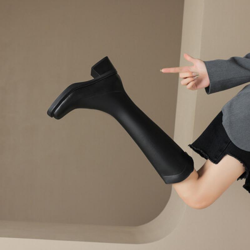 Korean version of solid color leather back zipper Martin boots medium heel large size women's leather boots square heel square heel autumn and winte