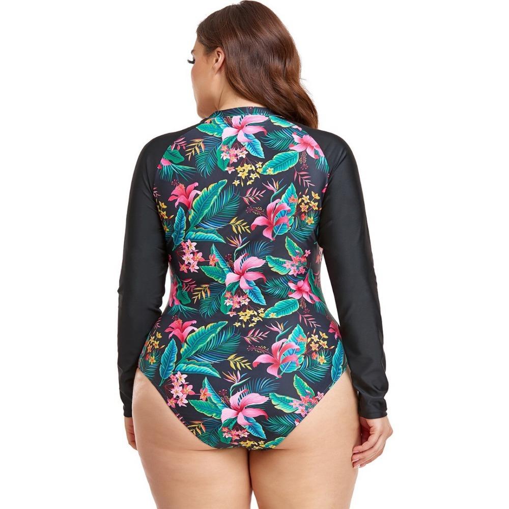 Nouveaux Maillots de Bain pour Femmes Grande Taille à Manches Longues, Combinaison de Surf, Col Rond Zippé Imprimé Épissage Maillot de Bain Une Pièce Femmes