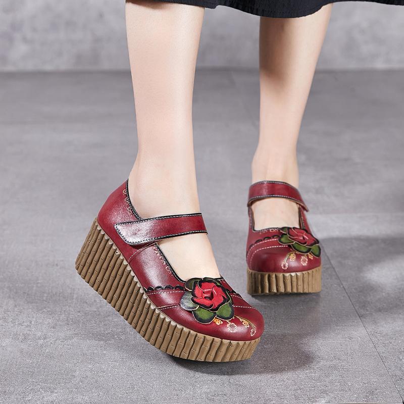 Fashion GKTINOO Retro Pumps Women Shoes Genuine Leather Hook & Loop 2025 New Spring Round Toe Floral Handmade Concise Platform Shoes
