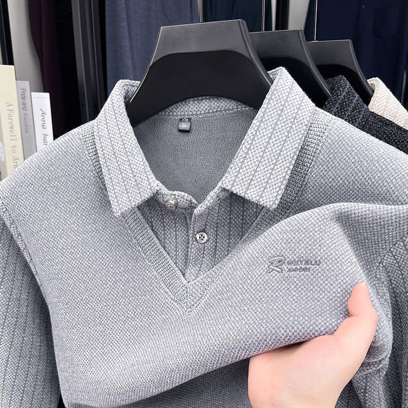 Mens Sweater Polo Collar Label Patchwork Stripes Plush Wool Liner Knitted Thickened Sweater Print Thermo Menswear