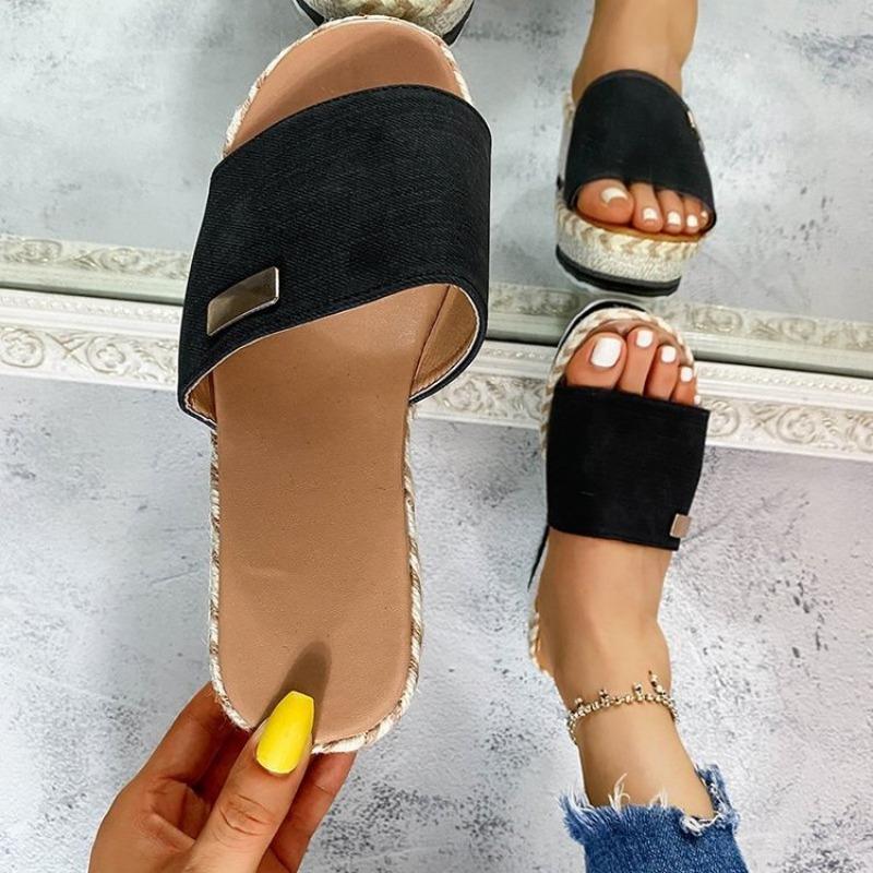 Foreign Trade Large Size Women's Shoes European and American Summer New  Heel Hemp Rope Slippers Women's Thick-soled Cool Slippers Women's Outer Wear
