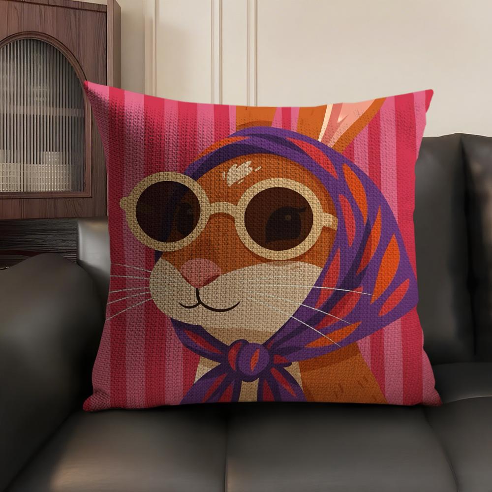 Cute Rabbit Art Cushion Cover Summer Breathable Linen Organic Fabric Double-Sided Printing Sofa Pillow Case Home Decor