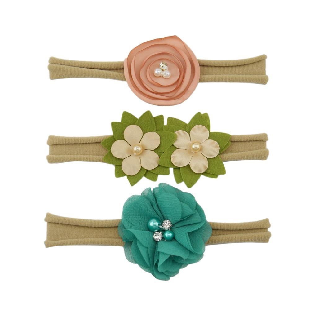 Children'S Nylon Headband Three-Piece Elastic Soft Headband Green Flower Headgear Versatile Head Flower Set